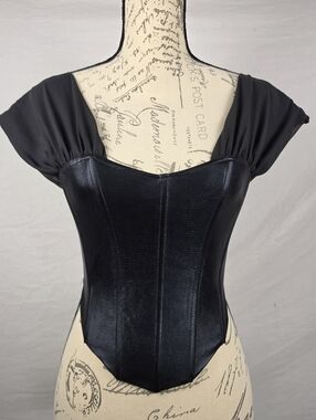 Urban Renewal Remade From Vintage Black Corset Top with Mesh Sleeves